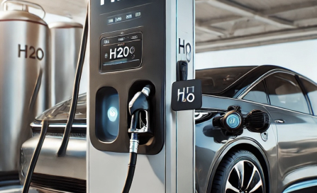 A futuristic fuel station with a vehicle connected to a pump labeled H2O.