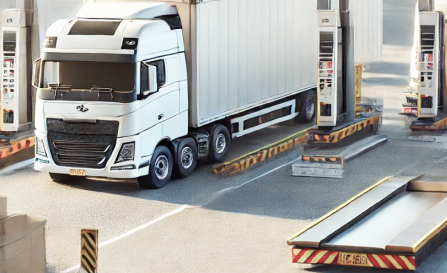 A large truck at a checkpoint, positioned on a weighbridge with automated barriers.