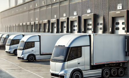 A row of modern trucks docked at a large distribution center.