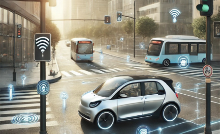 A smart city intersection with electric vehicles and digital connectivity icons.