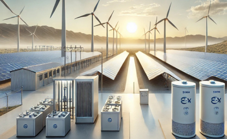 Advanced clean energy facility with wind turbines, solar panels, and hydrogen storage units.