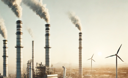 Industrial facility with emission stacks alongside wind turbines for sustainable energy transition.