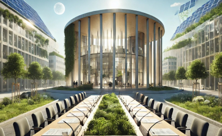 overnment or corporate meeting space focused on sustainability policies and green initiatives.