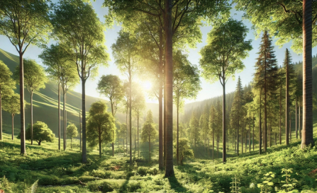 A green landscape with trees, a blue sky, and a shining sun, visualizing a clean environment.