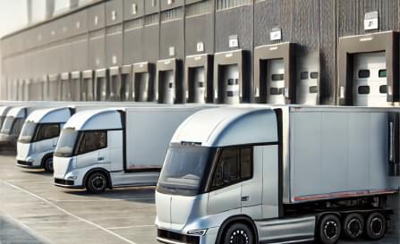 A row of modern trucks docked at a large distribution center. A row of modern trucks docked at a large distribution center.