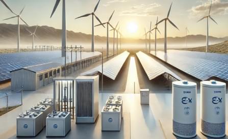 Clean Energy Innovations Advanced clean energy facility with wind turbines, solar panels, and hydrogen storage units.