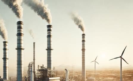 Emission Reduction Industrial facility with emission stacks alongside wind turbines for sustainable energy transition.